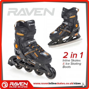 2 in 1 Inline Adjustable Inline Skates and Ice Skating Boots - Polycarbonate Shell Cover with Quality Carbon Foot Protector Frame Raven Pulse Black Orange